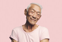 Generated AI Portrait Of Mature Male With Gray Hair And Closed Eyes Standing Against Pink Background In Studio