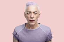 Generated AI Portrait Of Serious Mature Male In Purple Gray Hair Looking At Camera With Astonished Face Expression While Standing On Peach Background In Studio