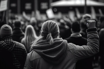 Back view of aggresive people protesting at city street. Protest activists. Crowd with raising fists.. Angry people make revolution. Created with Generative AI