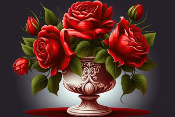 Poster - Stunning red roses in a vase. Generative AI