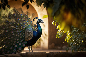 A beautiful peacock walks in the Oriental courtyard. Garden of the Sultan. Photorealistic illustration generated by AI.	