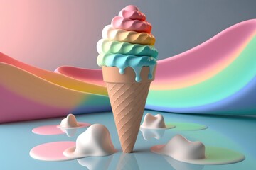 Wall Mural - 3D rainbow ice cream cone in pastel background. Generative AI