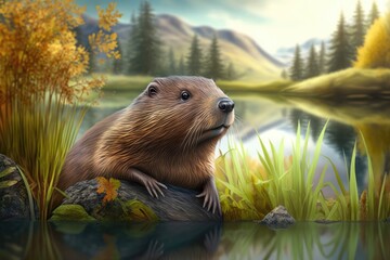 Beaver in nature background. 