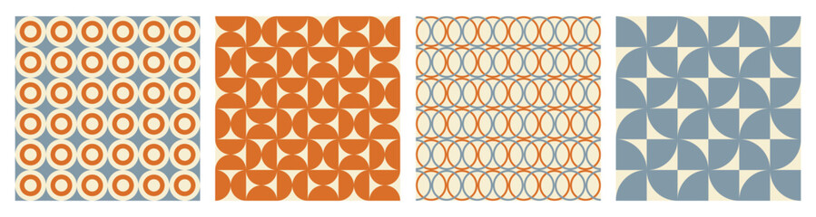 Wall Mural - Trendy retro set geometric seamless patterns with colorful semicircles and circles. Modern abstract background. Orange, beige and blue colors. Vector illustration