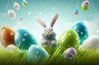 arrière-plan sur le thème de Pâques avec lapin et oeufs de pâques décorés - generative ai