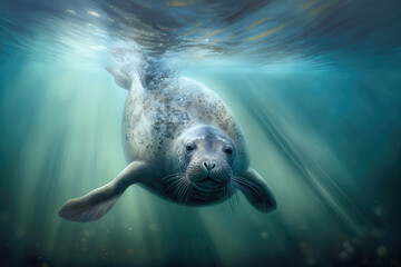 A sea lion swims underwater in a tidal lagoon, a sea lion coming to you underwater. Ai generative