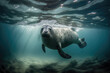 A sea lion swims underwater in a tidal lagoon, a sea lion coming to you underwater. Ai generative