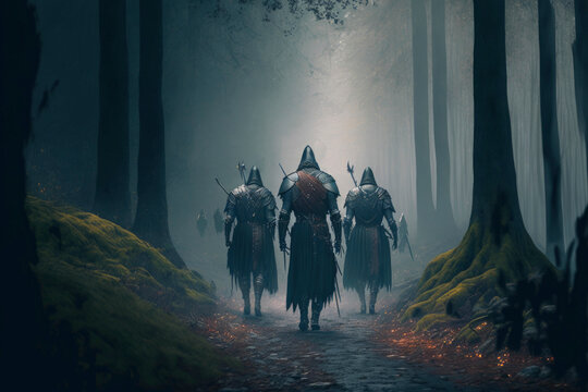 Medieval warriors in the epic foggy forest ,made with Generative AI