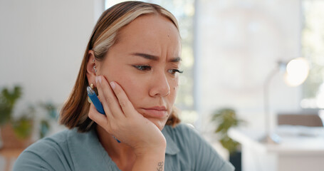 Aufkleber - Headache, pain and burnout business woman overworked and thinking in her office feeling stress or depressed. Sad, mental health and female worker or employee unhappy, fatigue and frustrated, bored