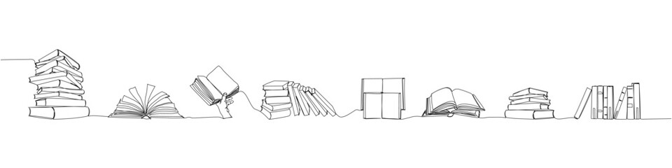 Wall Mural - A set of several books of different sizes, angles one line art. Continuous line drawing of book, library, education, school, study, literature, knowledge, read, learn page reading