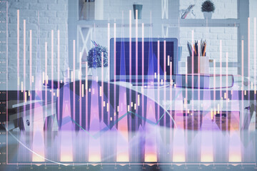 Poster - Double exposure of financial graph drawing and office interior background. Concept of stock market.