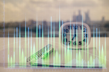 Poster - Multi exposure of financial graph drawings and desk with open notebook background. Concept of forex