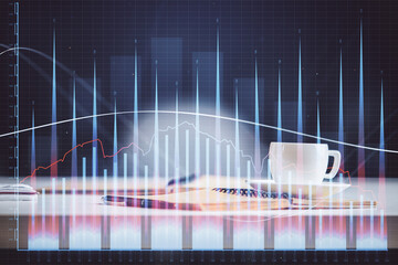 Poster - Multi exposure of forex graph drawing and desktop with coffee and items on table background. Concept of financial market trading