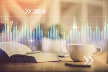 Aufkleber - Multi exposure of forex graph drawing and desktop with coffee and items on table background. Concept of financial market trading