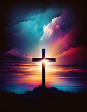 Good Friday, Easter, Crucifixion And Resurrection Concept.Jesus Rose From The Dead,empty Cross.Colorful Sky,sunrise,sunset,sunbeam With Colorful Rays Of Ligh Background,graphics,illustrations  Images.