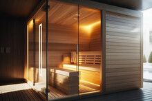 A modern and cozy wooden sauna with contemporary touches. The warm and inviting interior features smooth wooden walls and benches, glass doors and windows, and modern light fixtures. generative ai