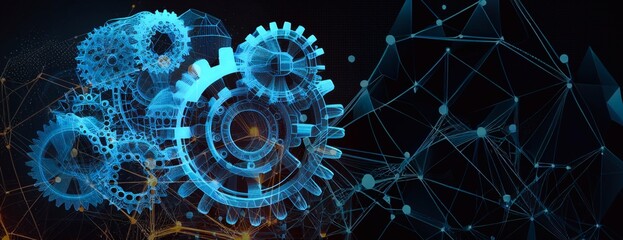 Wall Mural - Abstract 3d gear wheels in dark background. Cogs and gear wheel Generative AI