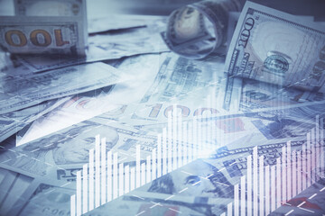 Aufkleber - Multi exposure of forex chart drawing over us dollars bill background. Concept of financial success markets.