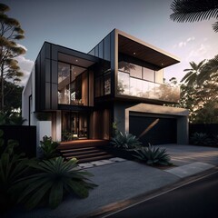 modern nested house with glass facade, fictional place created with generative AI
