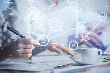 Aufkleber - Double exposure of social network theme drawing over people taking notes background. Concept of human connection