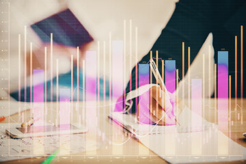 Poster - Double exposure of forex chart drawing over people taking notes background. Concept of financial analysis