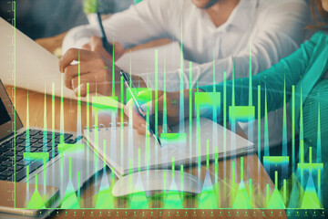 Poster - Double exposure of forex chart drawing over people taking notes background. Concept of financial analysis