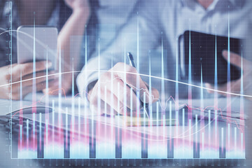 Aufkleber - Double exposure of man and woman working together and financial graph hologram. Business concept. Computer background.