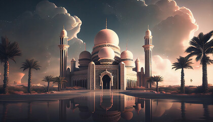 Realistic eid al-fitr mosque illustration background. Generative AI.