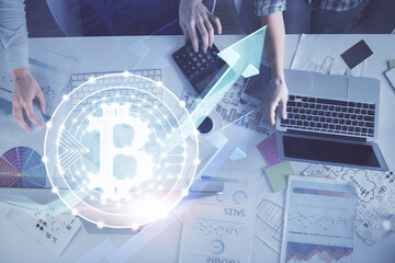 Aufkleber - Double exposure of man and woman working together and crypto finance theme hologram. Blockchain business concept. Computer background.