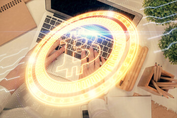 Poster - Double exposure of woman hands working on computer and blockchain theme hologram drawing. Top View. bitcoin cryptocurrency concept.
