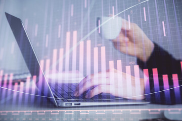 Aufkleber - Double exposure of businesswoman hands typing on computer and forex graph hologram drawing. Financial analysis concept.