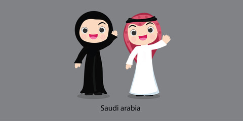 Wall Mural - Saudi Arabia. People in national dress with a flag. Man and woman in traditional costume. Vector flat illustration.