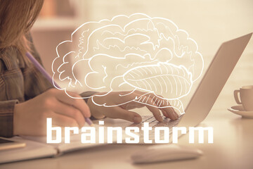 Poster - Double exposure of woman hands typing on computer and creative drawing. Start up concept.