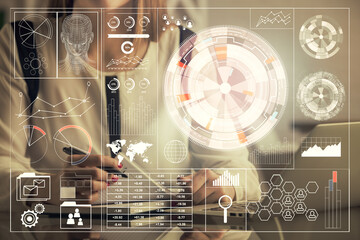 Fototapete - Multi exposure of woman hands working on computer and data theme hologram drawing. Tech concept.