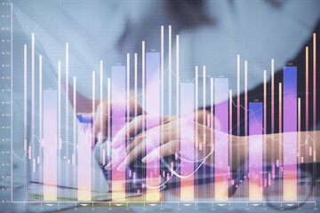Poster - Multi exposure of woman hands typing on computer and financial graph hologram drawing. Stock market analysis concept.