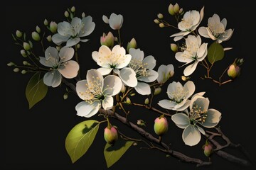 Poster - pear blossoms in a gloomy close up with a black background. generative ai