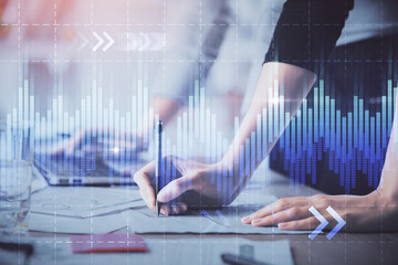 Poster - Multi exposure of woman hands typing on computer and financial chart hologram drawing. Stock market analysis concept.