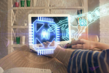 Poster - Double exposure of woman hands working on computer and data theme hologram drawing. Tech concept.