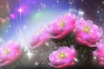 Wall Mural - fantasy blooming pink flowers in glitter