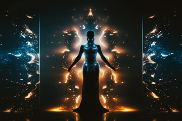 Wall Mural - glowing silhouette of human on dark background
