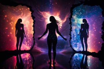 Wall Mural - glowing silhouettes of women on space background