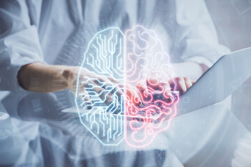 Fototapete - Double exposure of woman hands working on computer and brain hologram drawing. Ai concept.