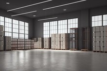 New Warehouse Furniture. Racks With Shelves Inside Building. Warehouse Adjustable Shelves. Concept Of Sale And Production Of Warehouse Furniture. Shelves For Long Term Storage. 3d. Generative AI