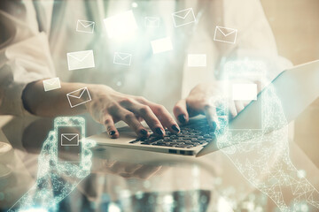 Poster - Double exposure of woman hands typing on computer and flying envelop drawing. E-Mail concept.