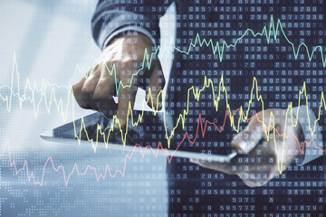 Poster - Double exposure of man's hands holding and using a digital device and forex graph drawing. Financial market concept.