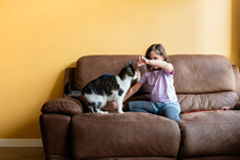 Cute Little Girl Playing With Cat On Sofa