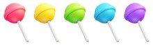 Set Of Colorful Sweet Cute Lollipops Isolated On Transparent Background. Round Multicolored Candies On Stick In Cartoon Style. Candy Icon Set. PNG File