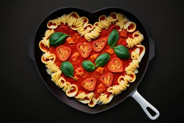 Canvas Print - Pasta in a tomato sauce heart form, served in a skillet. For Valentine's Day, a romantic meal. Comfort food prepared with affection. Angled shot from above; black background; flat lay. Generative AI