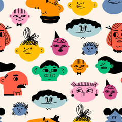 Wall Mural - Quirky portraits. Diverse people. Cute funny characters. Trendy modern art. Cartoon, minimal, abstract contemporary style. Hand drawn Vector seamless Pattern. Background, wallpaper