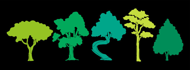 Set of various Trees. Abstract colorful silhouettes. Flat style forest, nature plants. Hand drawn modern Vector illustration. Isolated design elements, botanical collection